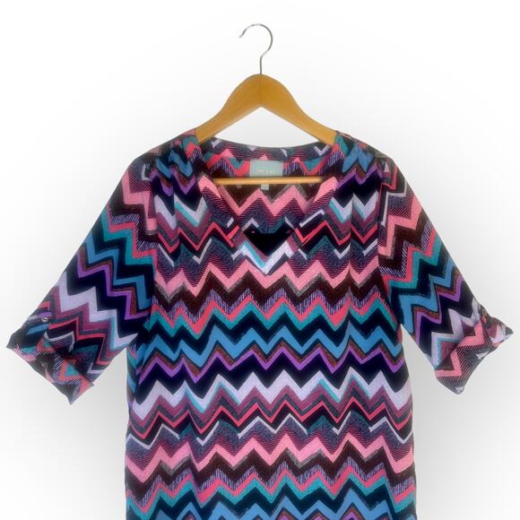 Skies Are Blue Chevron Shirt Dress L Multi Pink Purple Teal Black Zig Zag Print - Picture 6 of 11